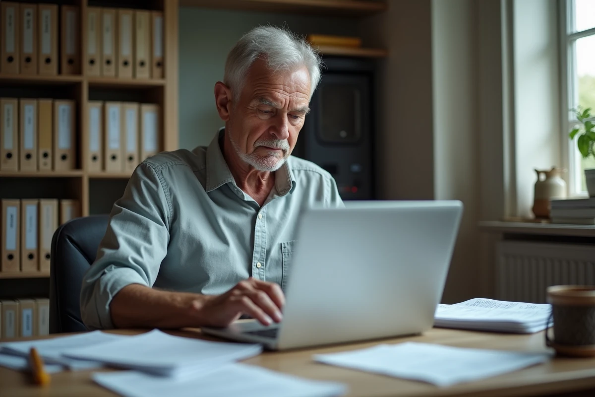 Homme âgé vérifiant ses paiements de pension sur son ordinateur