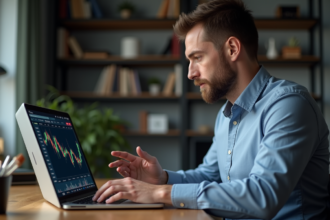 Homme concentré utilisant un ordinateur avec graphique Solana