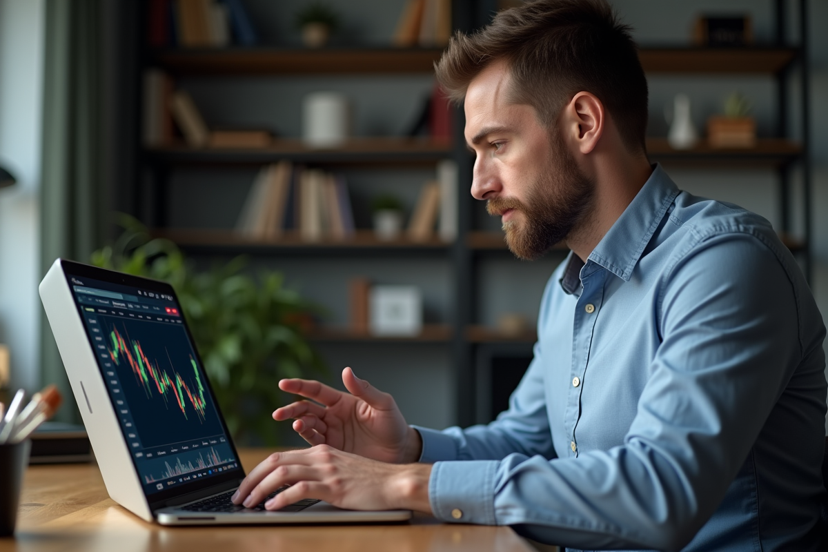 Homme concentré utilisant un ordinateur avec graphique Solana
