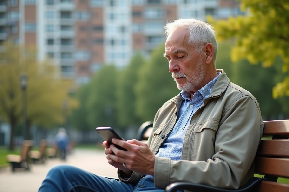 Homme senior consulte un calendrier pension 2026 en plein air