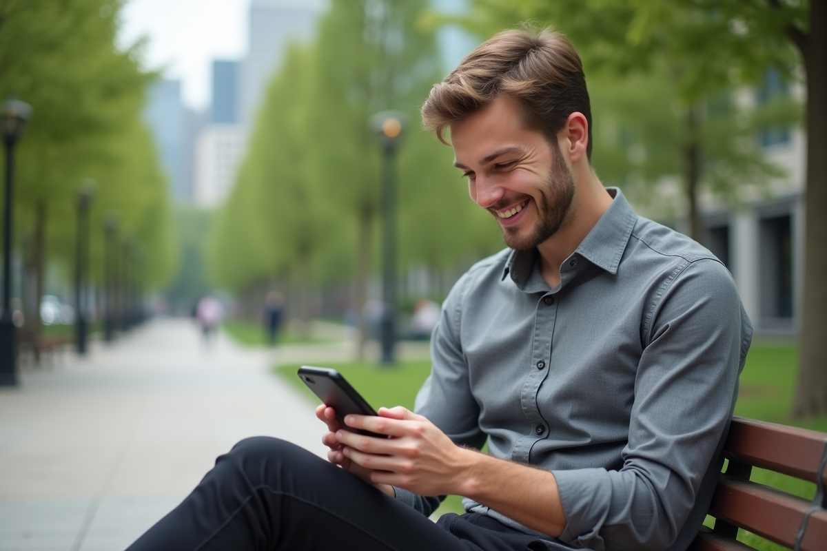 Homme souriant utilisant son smartphone dans un parc urbain