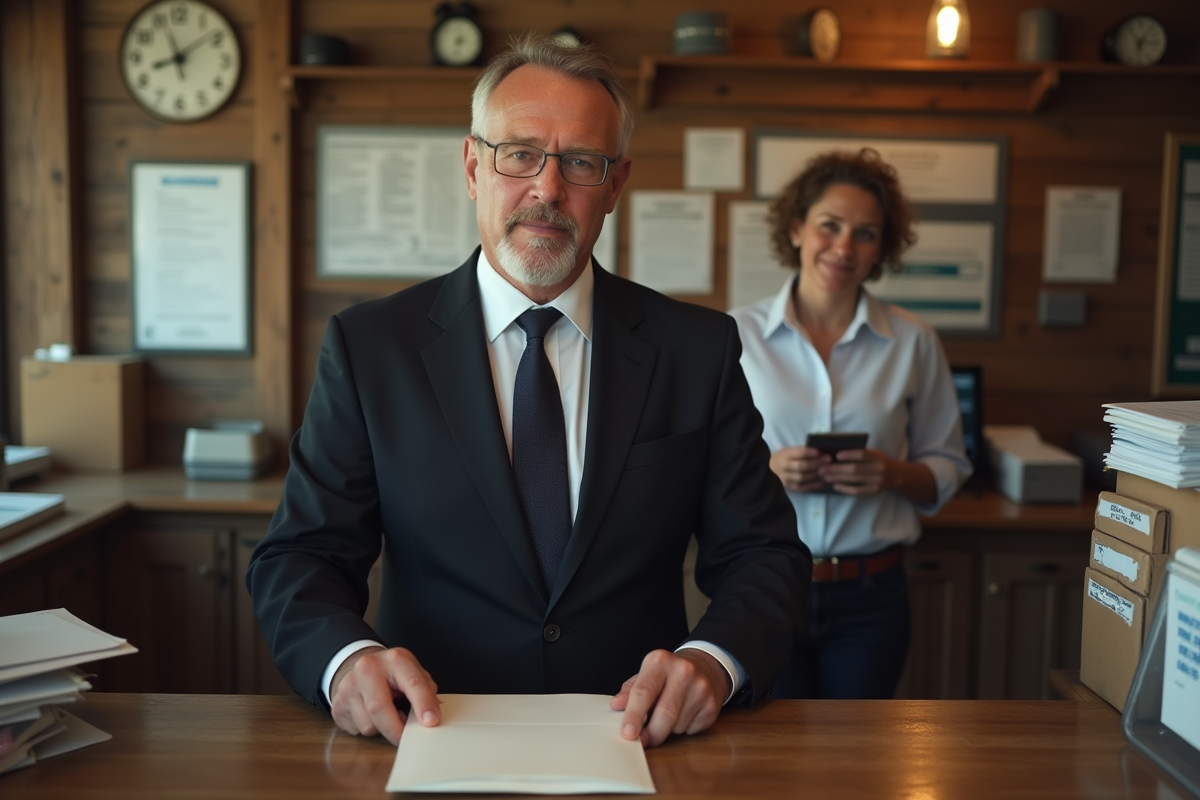 Homme d age en costume dépose un courrier à la poste