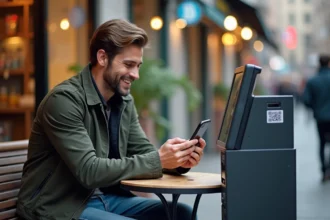 Homme utilisant son smartphone pour scanner un QR code bitcoin en extérieur