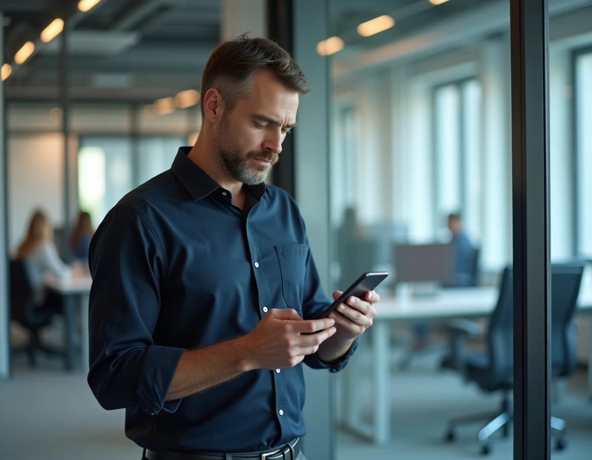 Homme consultant son téléphone mobile pour trouver le numéro PayPal dans un bureau moderne