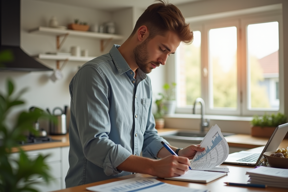 Jeune homme analysant des rapports ETF dans la cuisine