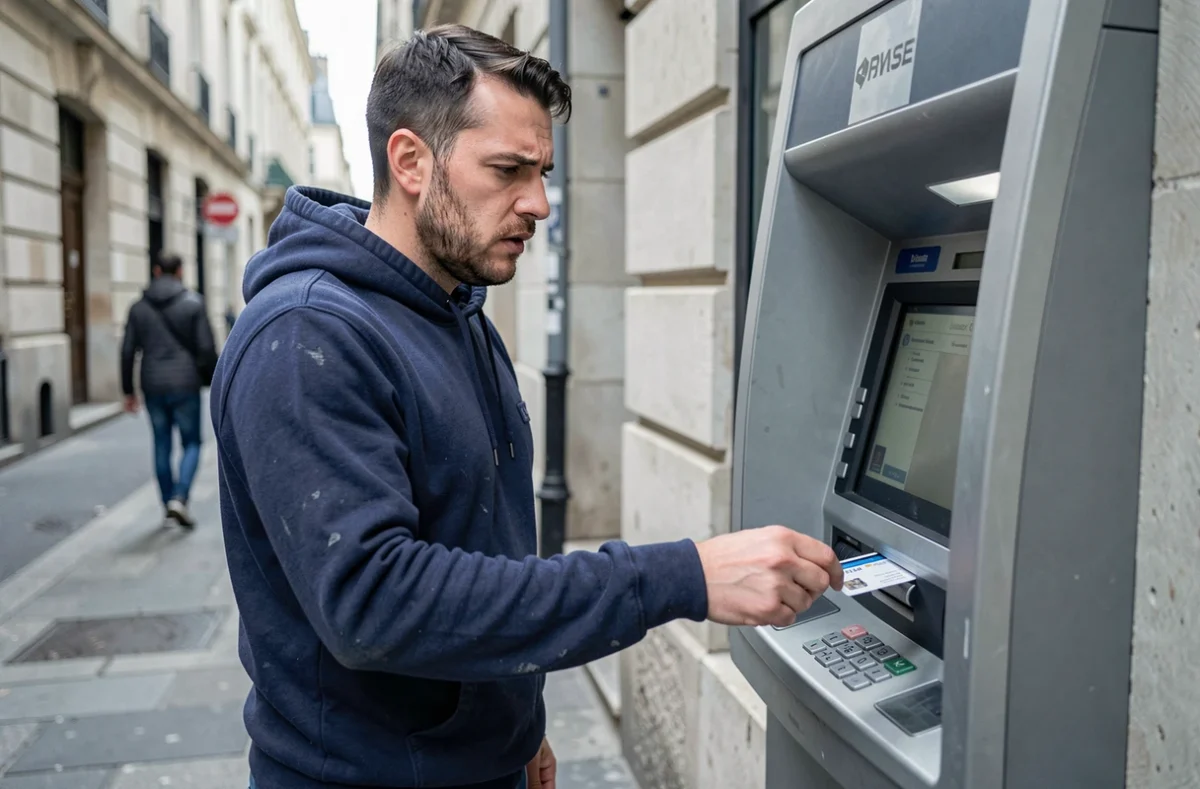 Homme hésitant devant un distributeur de billets en ville, symbolisant les difficultés d'accès à l'argent pour les bénéficiaires du RSA en situation de découvert