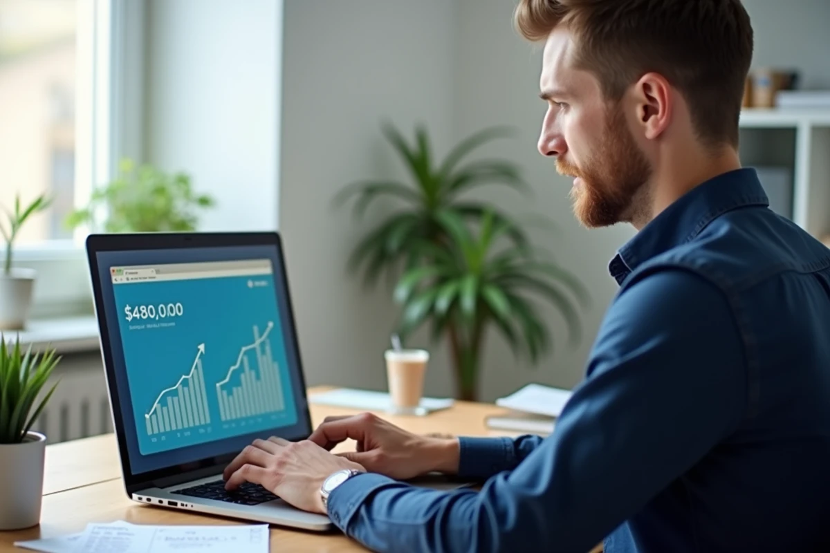 Homme consultant des projections d'épargne immobilière sur un ordinateur portable dans un bureau à domicile minimaliste