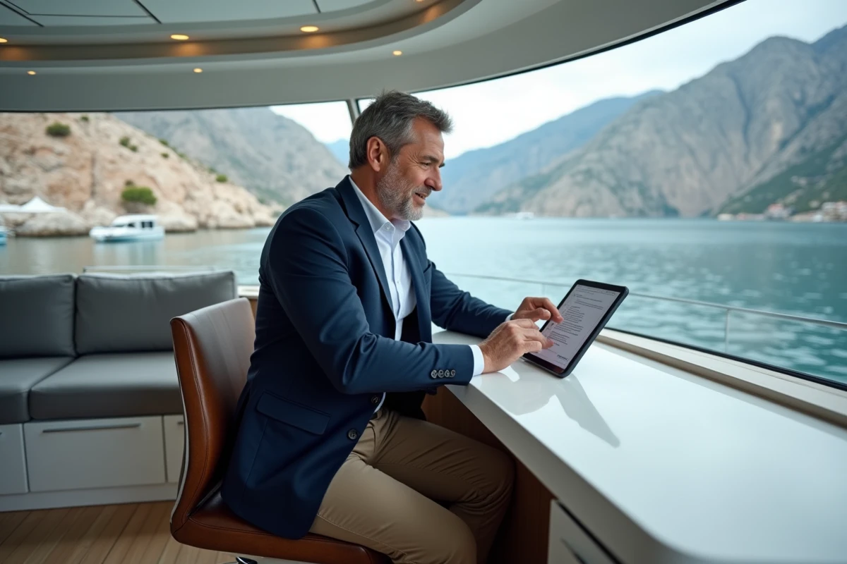 Homme d âge moyen examine checklist dans lounge yacht