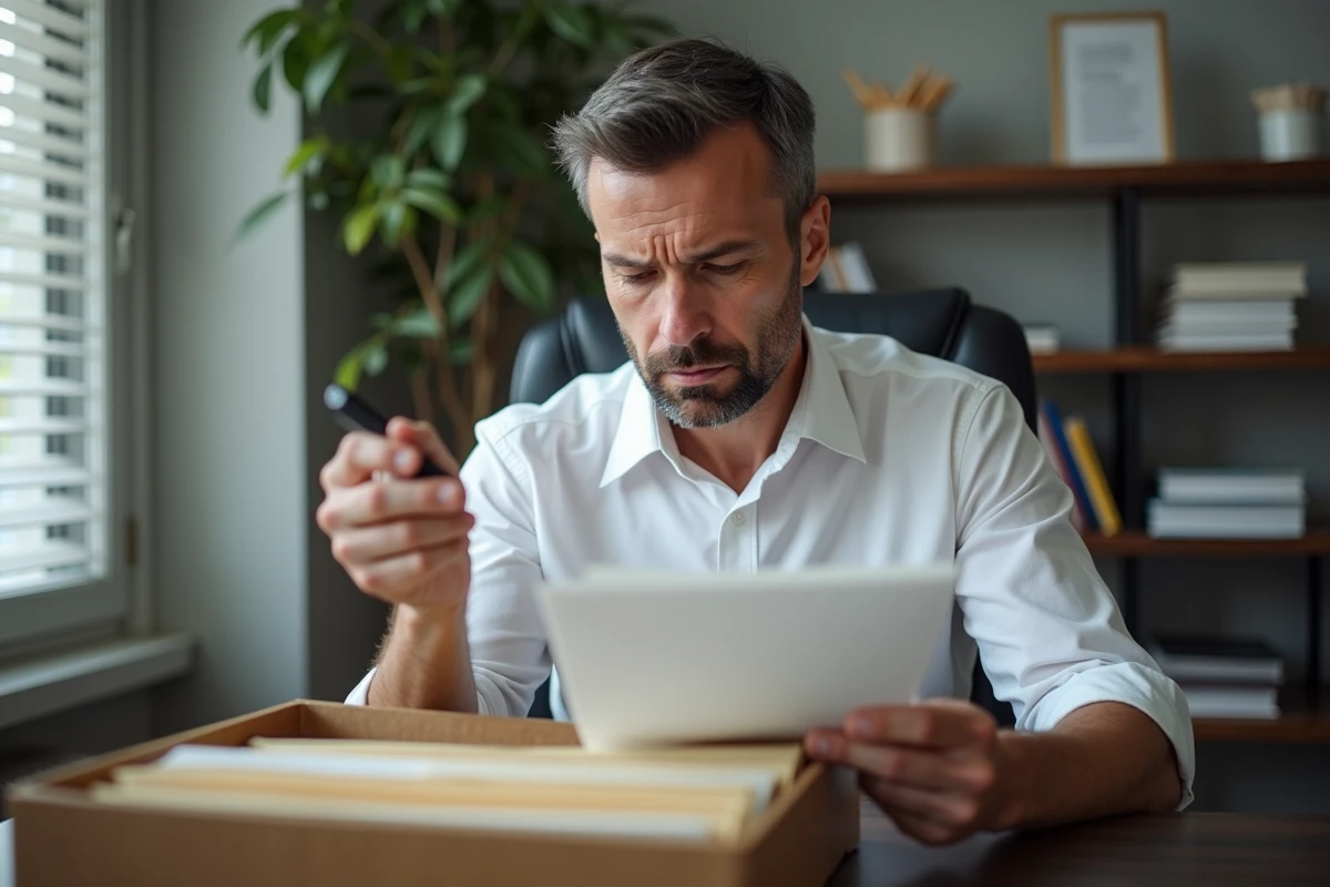 Homme cherchant un document dans un bureau organisé