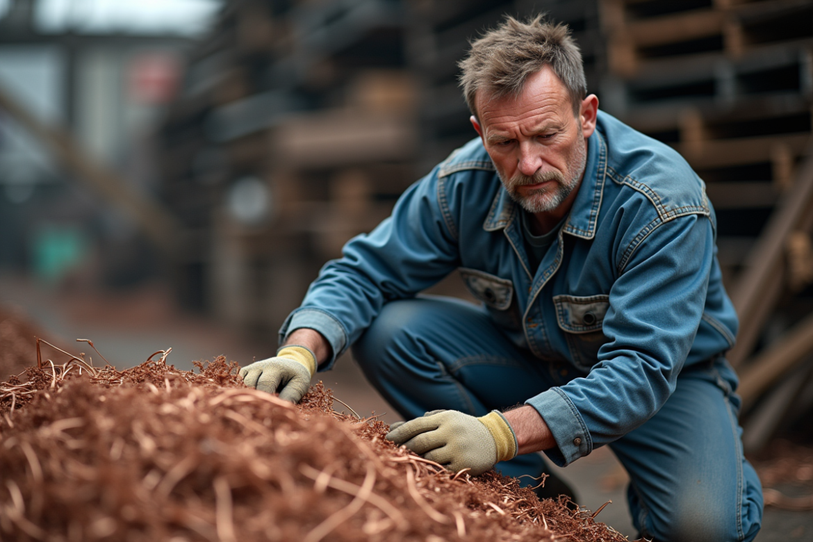 Homme en overalls examine du cuivre dans une casse