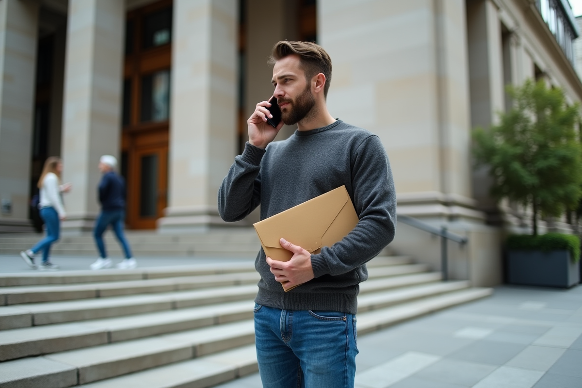 Homme avec enveloppe devant un tribunal en ville