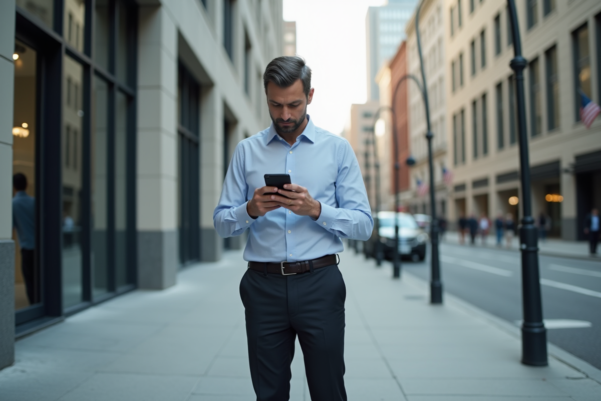 Homme d affaires vérifiant son application bancaire dans la ville