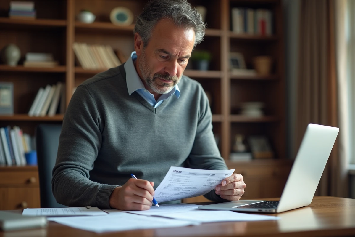 Homme vérifiant des formulaires fiscaux dans un bureau organisé