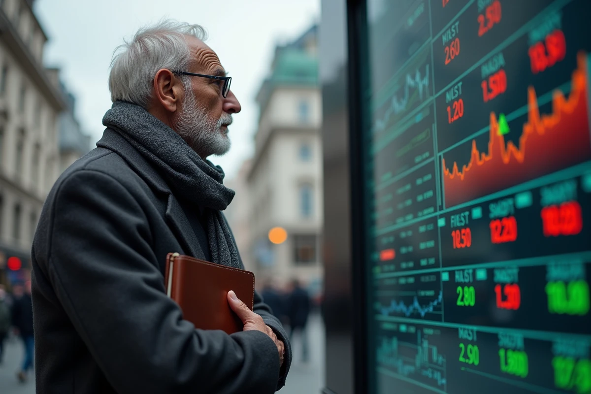 Homme âgé observant panneau financier en extérieur