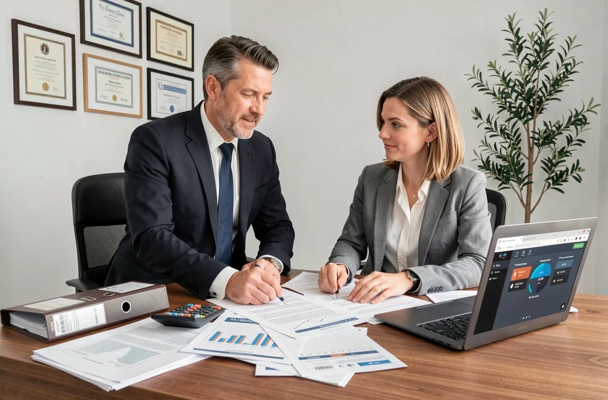 Conseil patrimonial et expertise comptable chez ID Patrimoine, conseiller et comptable collaborant sur des dossiers