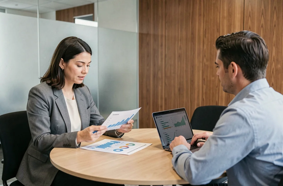 Consultante de In Extenso Marseille accompagnant un dirigeant de PME lors d'une réunion comptable