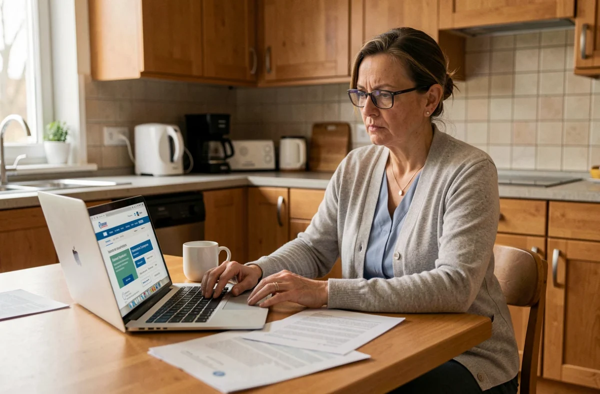 Infirmière fonctionnaire comparant des offres d'assurance emprunteur depuis son domicile