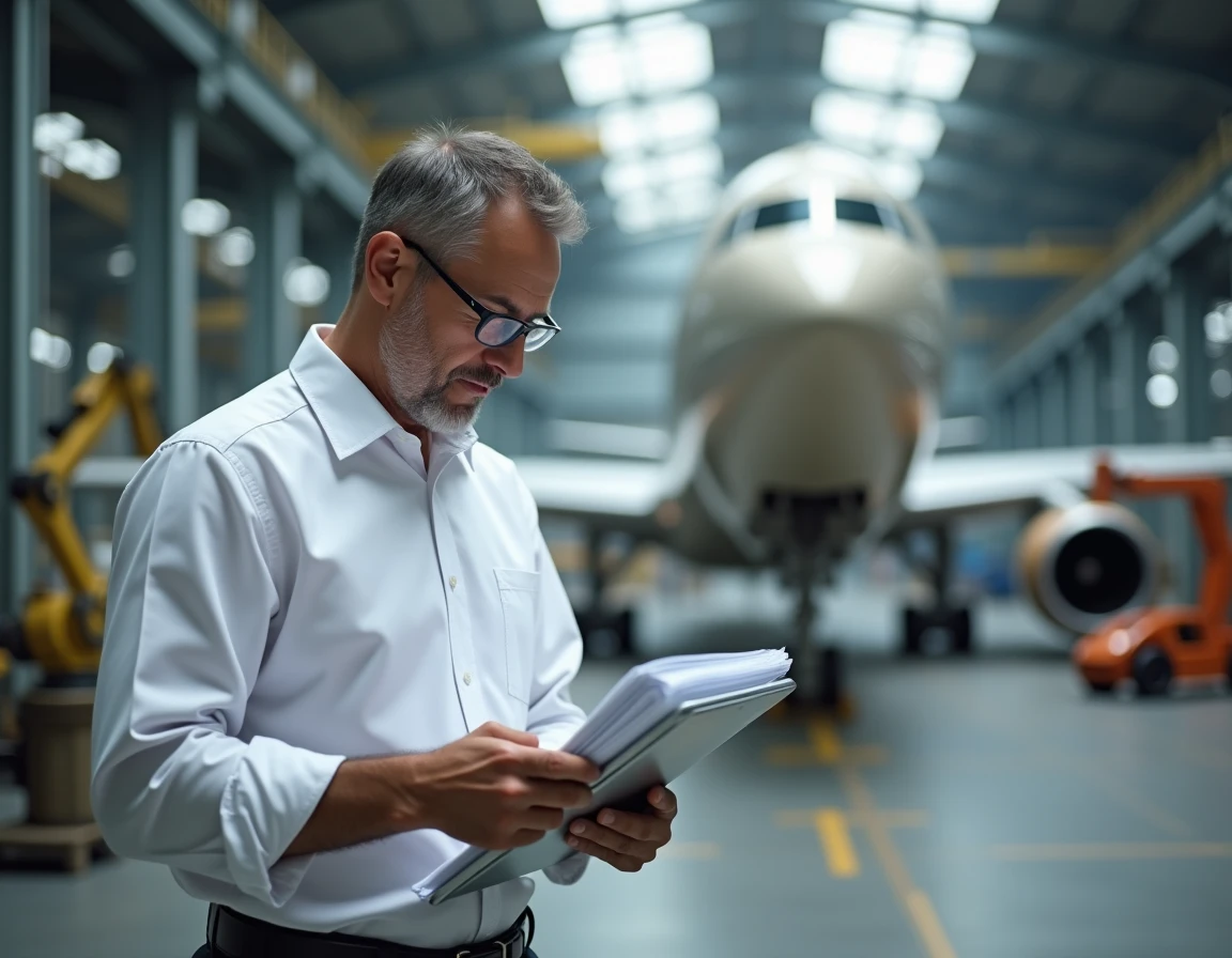 Ingénieur aéronautique consultant des plans techniques devant un fuselage d'Airbus en cours d'assemblage dans une usine moderne