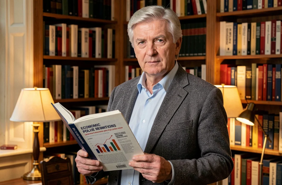 Intellectuel économiste aux cheveux gris tenant un livre de politique économique dans une bibliothèque privée parisienne