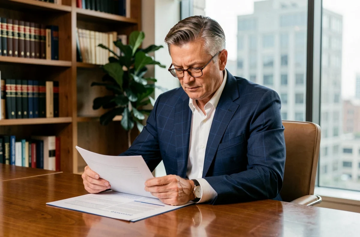 Investisseur prudent analysant des documents de SCPI et d'épargne foncière dans un bureau professionnel