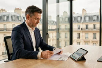 Investisseur professionnel analysant des documents financiers liés à une SCPI immobilière dans un bureau moderne à Paris