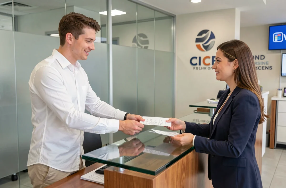 Jeune actif ouvrant un compte CIC en agence bancaire avec un conseiller professionnel