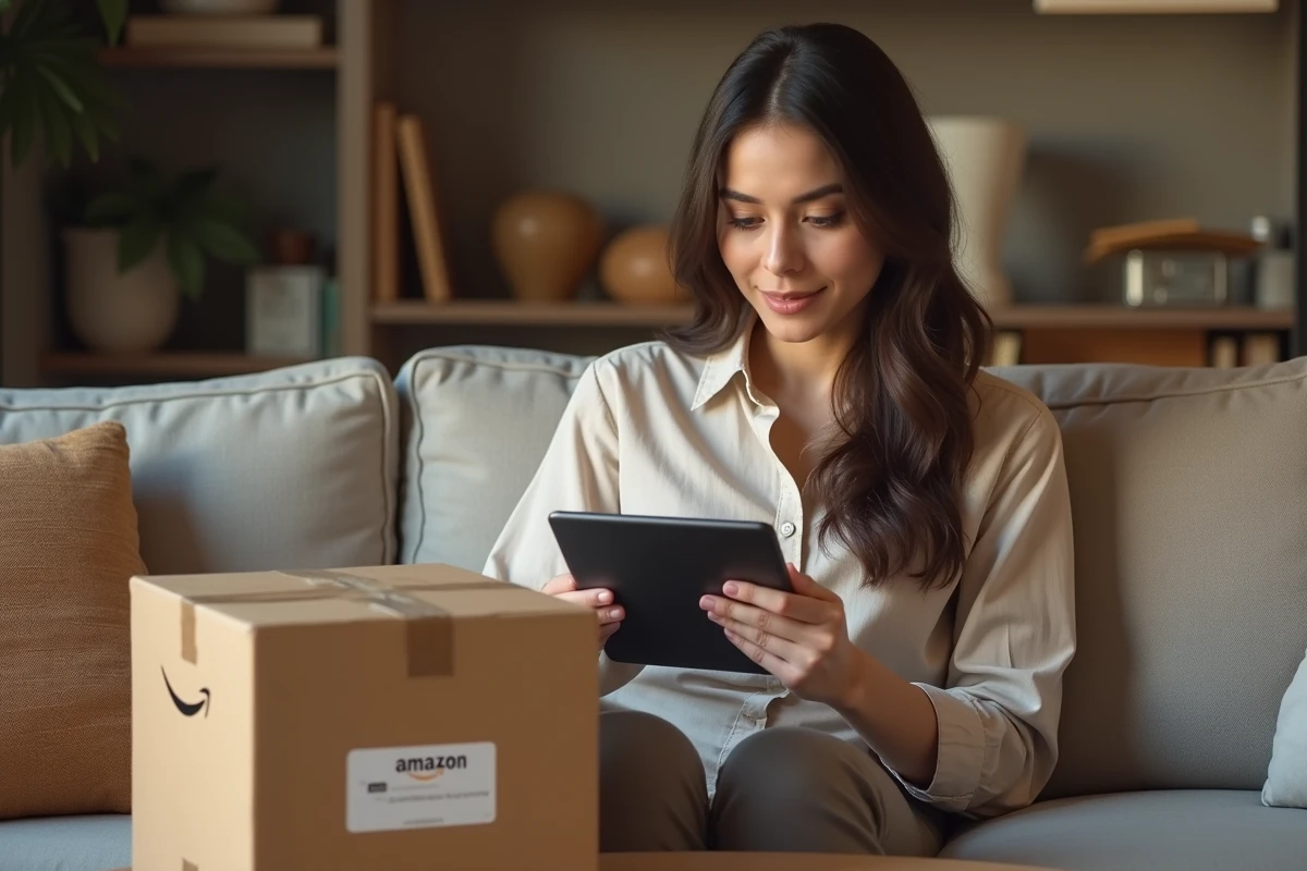 Jeune femme utilisant une tablette pour contacter le chat du service client Amazon afin d'obtenir un remboursement sur un colis reçu