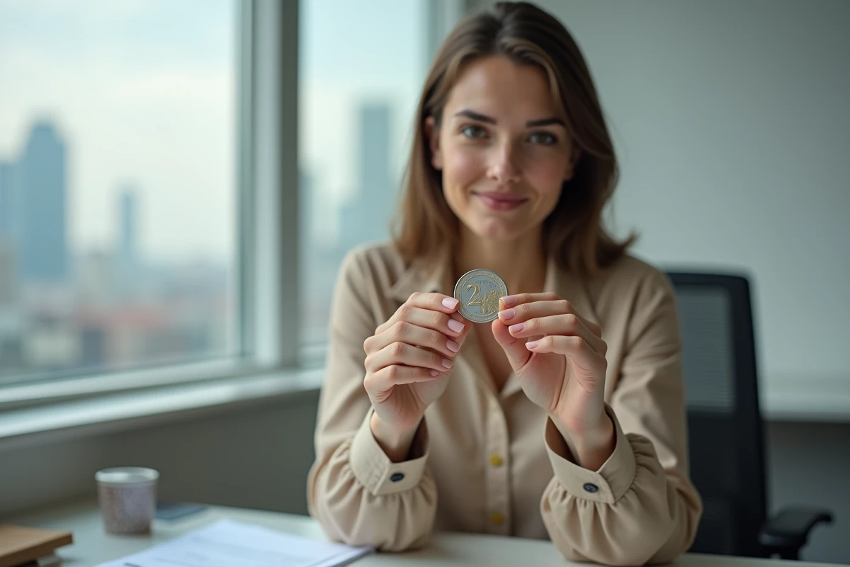 Jeune femme inspectant une pièce de 2 euros authentique et fausse