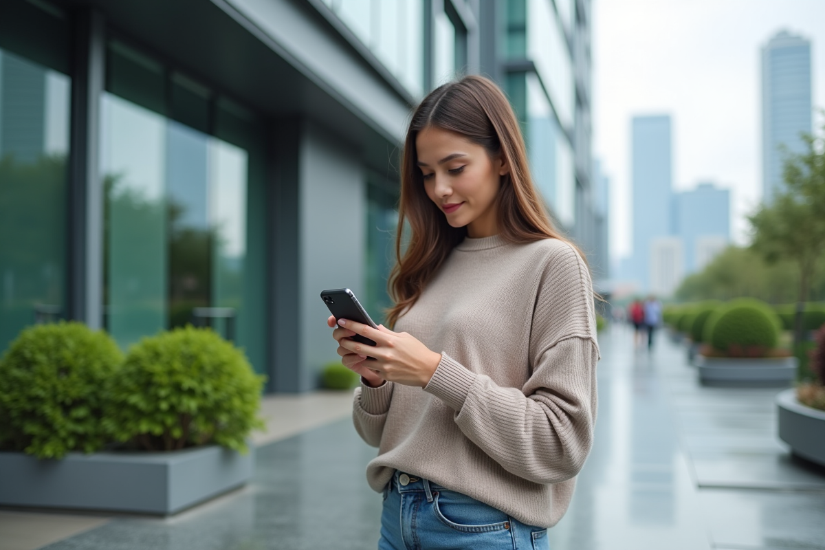 Jeune femme dehors vérifiant une transaction crypto sur son téléphone