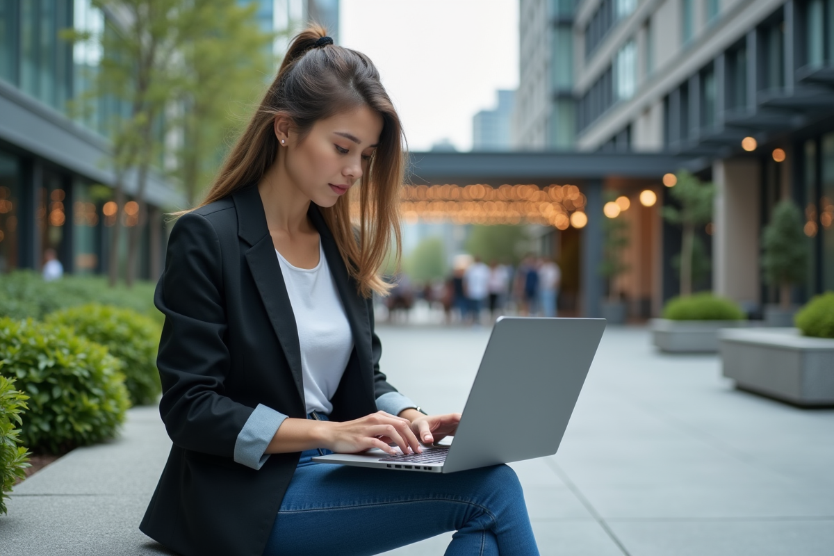 Jeune femme travaillant en extérieur dans un espace urbain