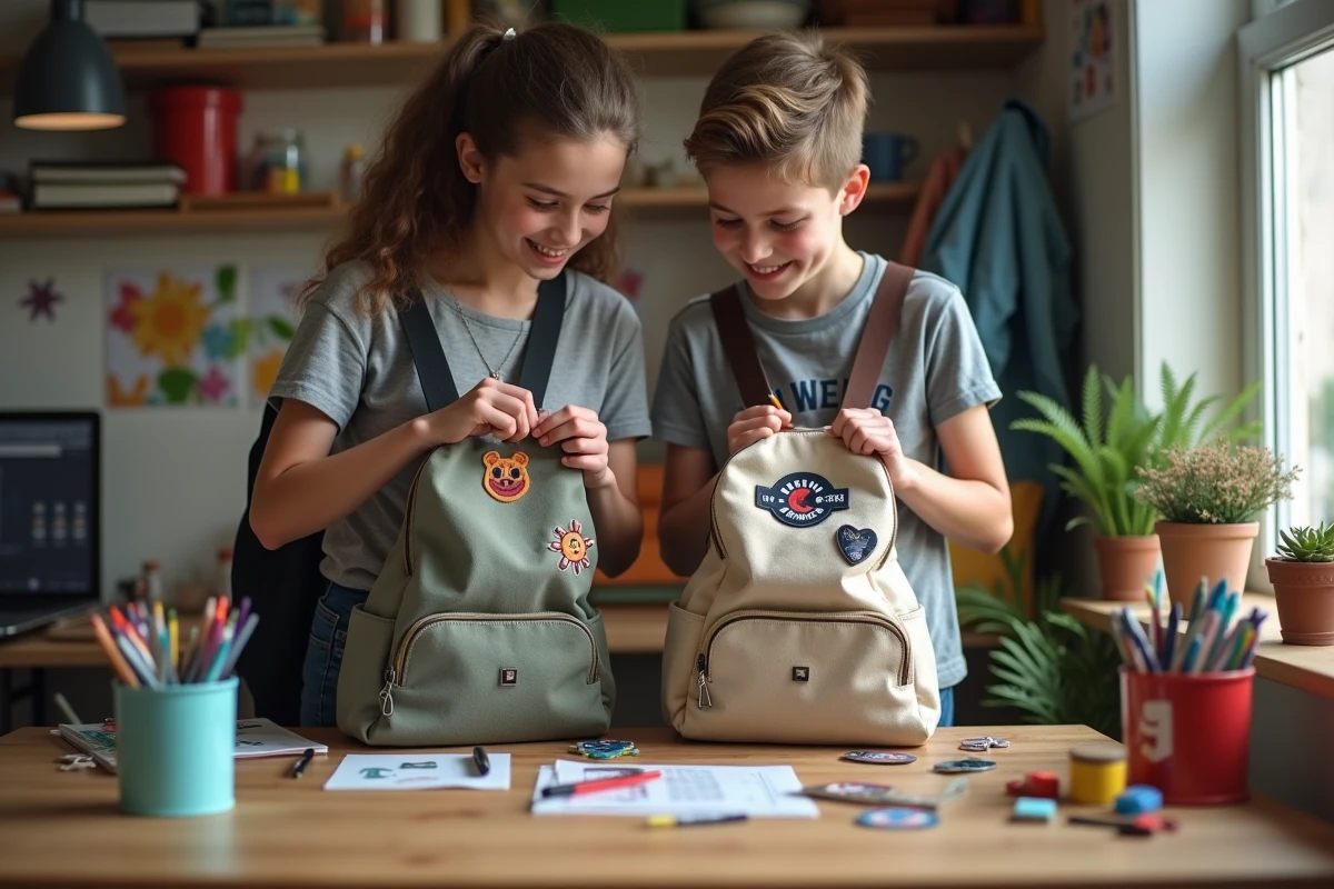 Adolescents décorant leur sac à dos avec des patchs dans une chambre