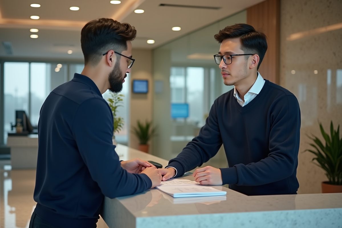Jeune homme parle avec un conseiller bancaire dans une agence moderne