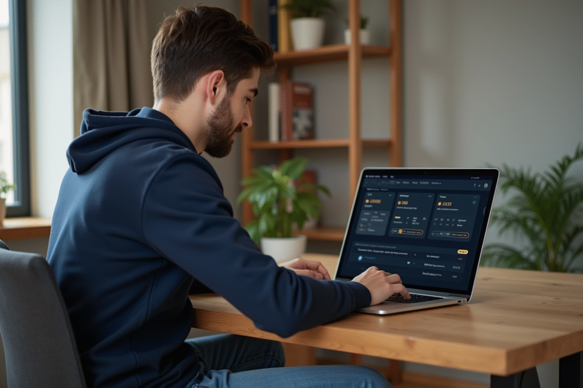 Jeune homme regardant un portefeuille crypto sur son laptop