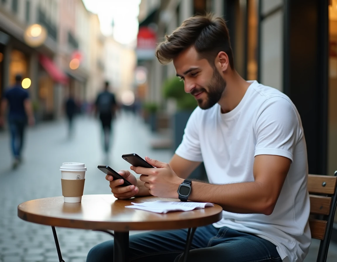 Jeune homme résolvant un problème PayPal depuis son mobile dans un café en ville