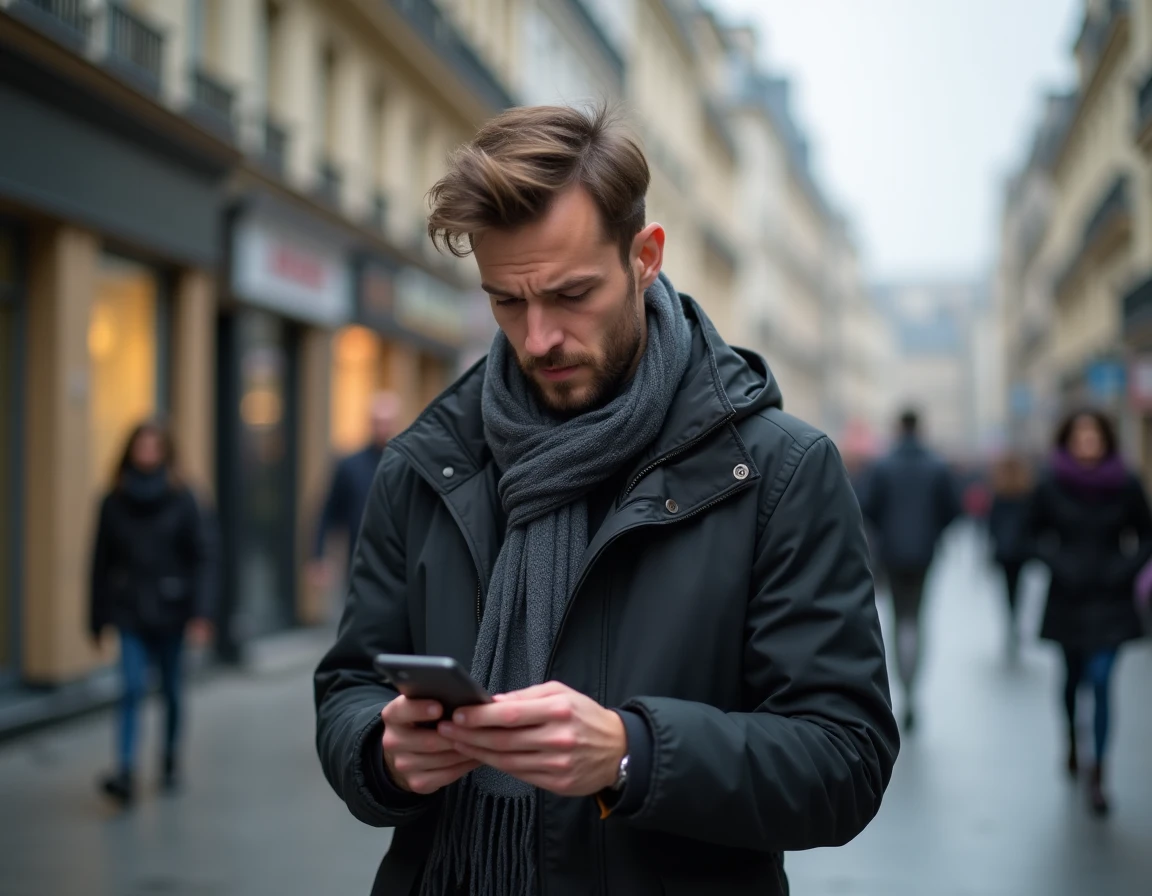 Jeune homme dans la rue regardant son téléphone avec une erreur de l'application Caisse d'Epargne