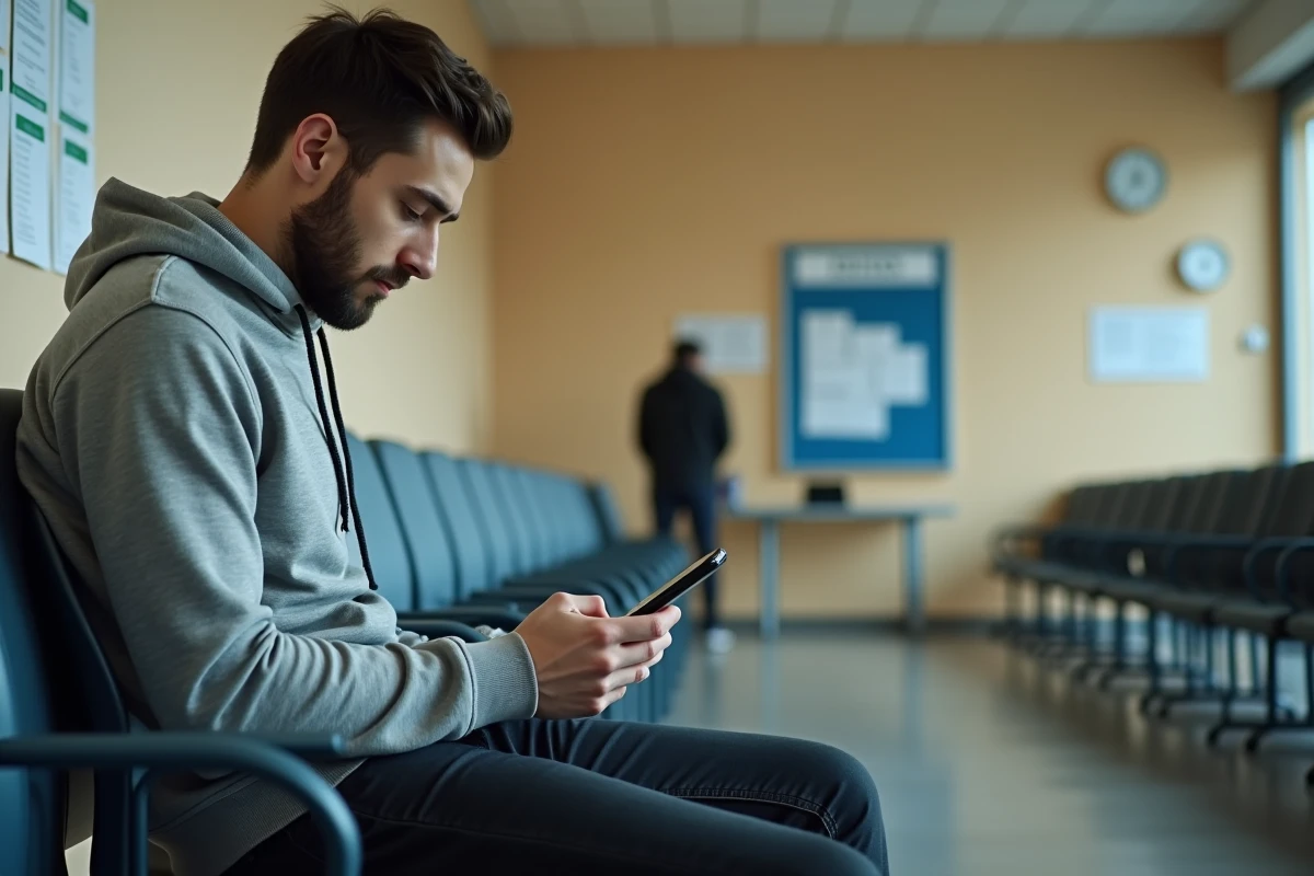 Jeune homme en salle d'attente d'une agence CAF consultant des informations sur le cumul ARE et RSA