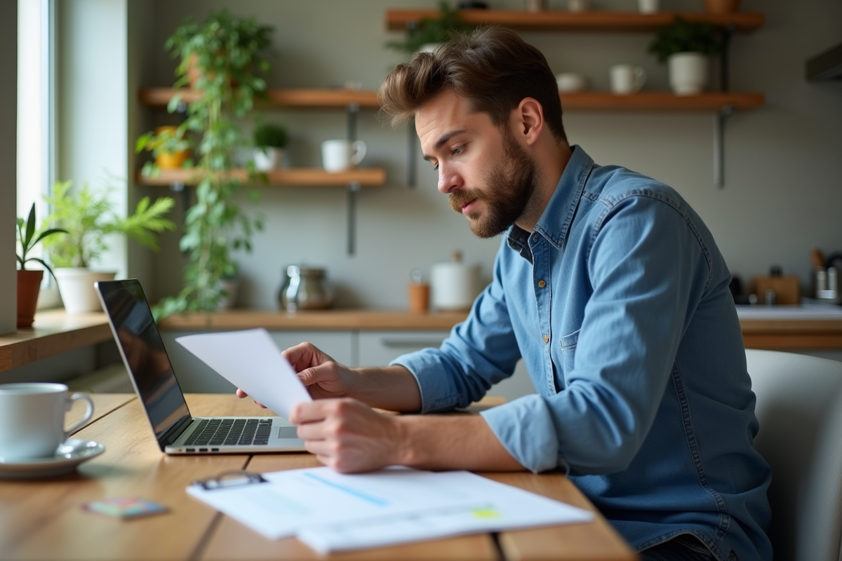 Jeune homme en bleu travaille à la table de la cuisine