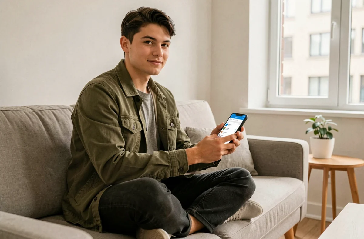 Jeune adulte ouvrant un compte CIC en ligne sur son smartphone depuis son appartement