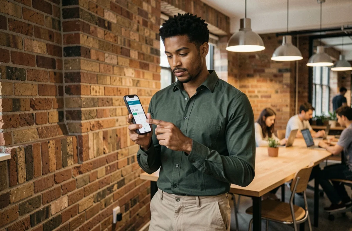 Jeune professionnel consultant une application de calcul salaire horaire sur smartphone dans un espace de coworking, en lien avec un salaire brut de 2200 euros