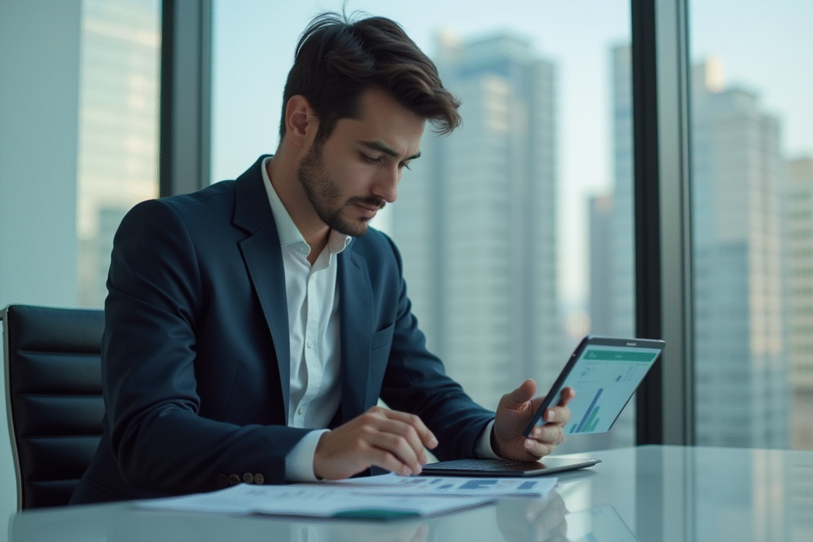 Jeune professionnel examine des données sur une tablette