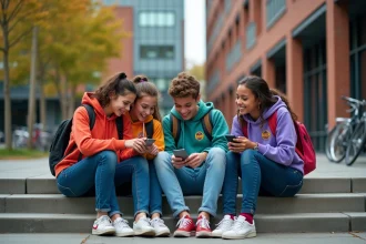 Groupe d'étudiants assis sur des marches modernes devant une université