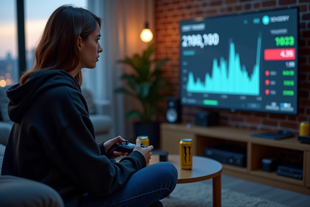 Joueuse déçue tenant une manette de jeu vidéo devant un écran affichant des pertes financières dans GTA 5 Lester bourse