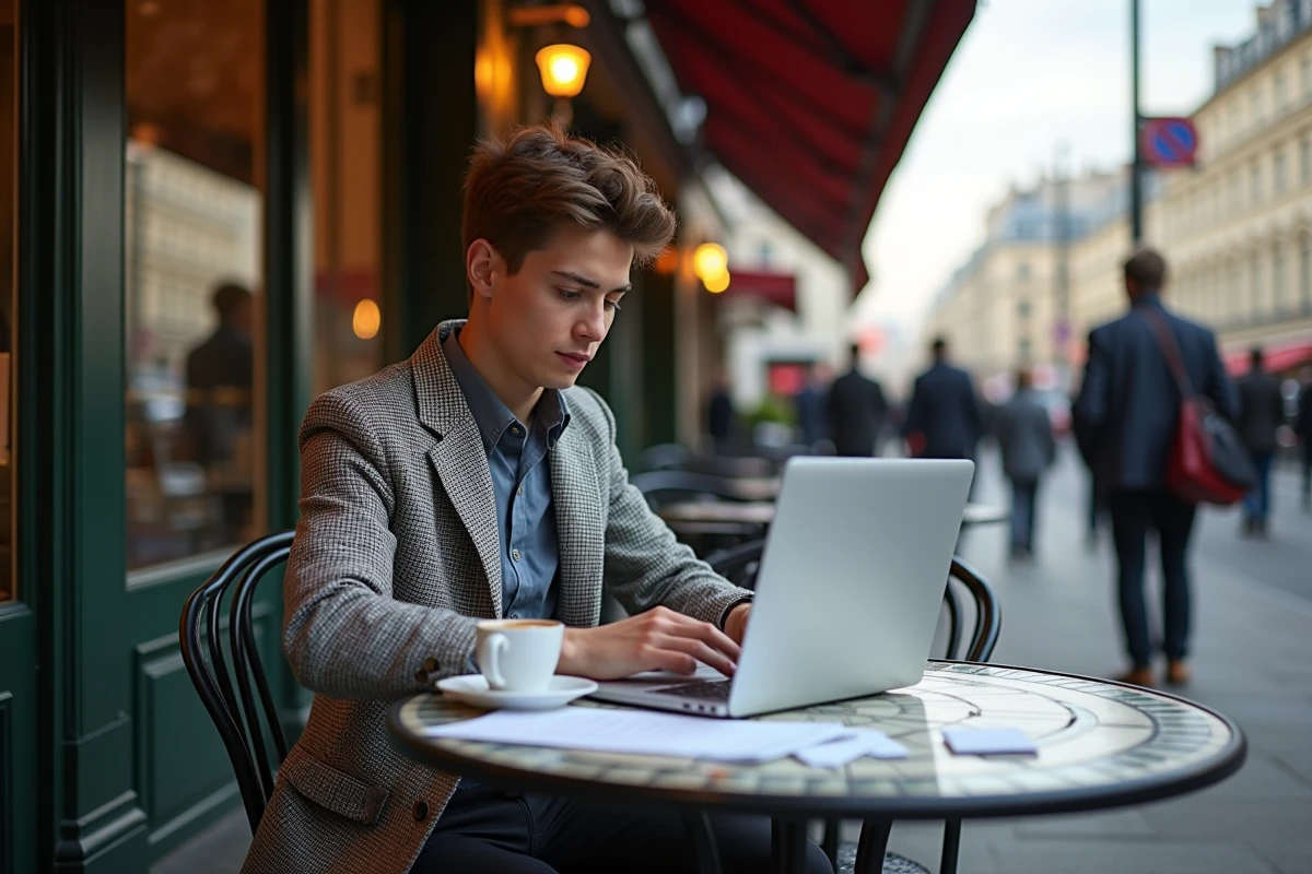 Jeune journaliste travaillant dans un café parisien animé