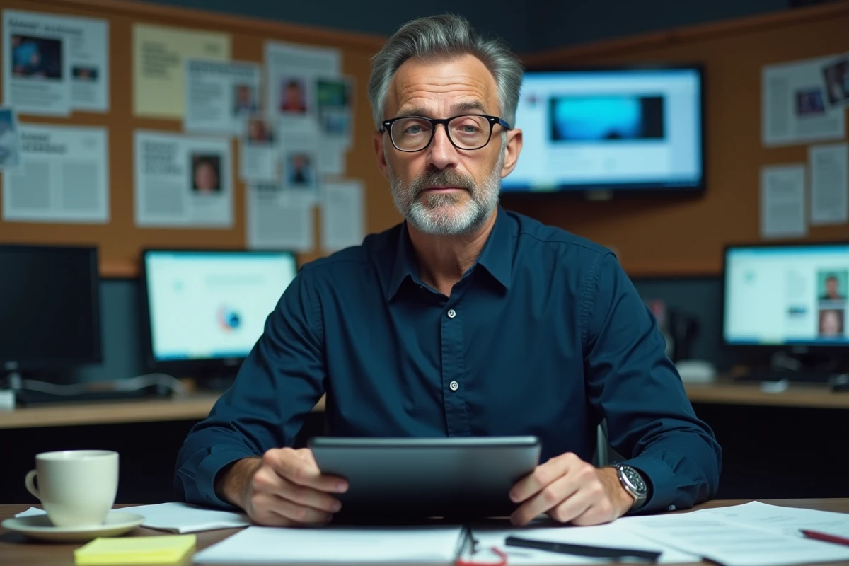 Journaliste critique analysant le phénomène Zeus Milliardaire dans une salle de rédaction avec des articles épinglés au mur