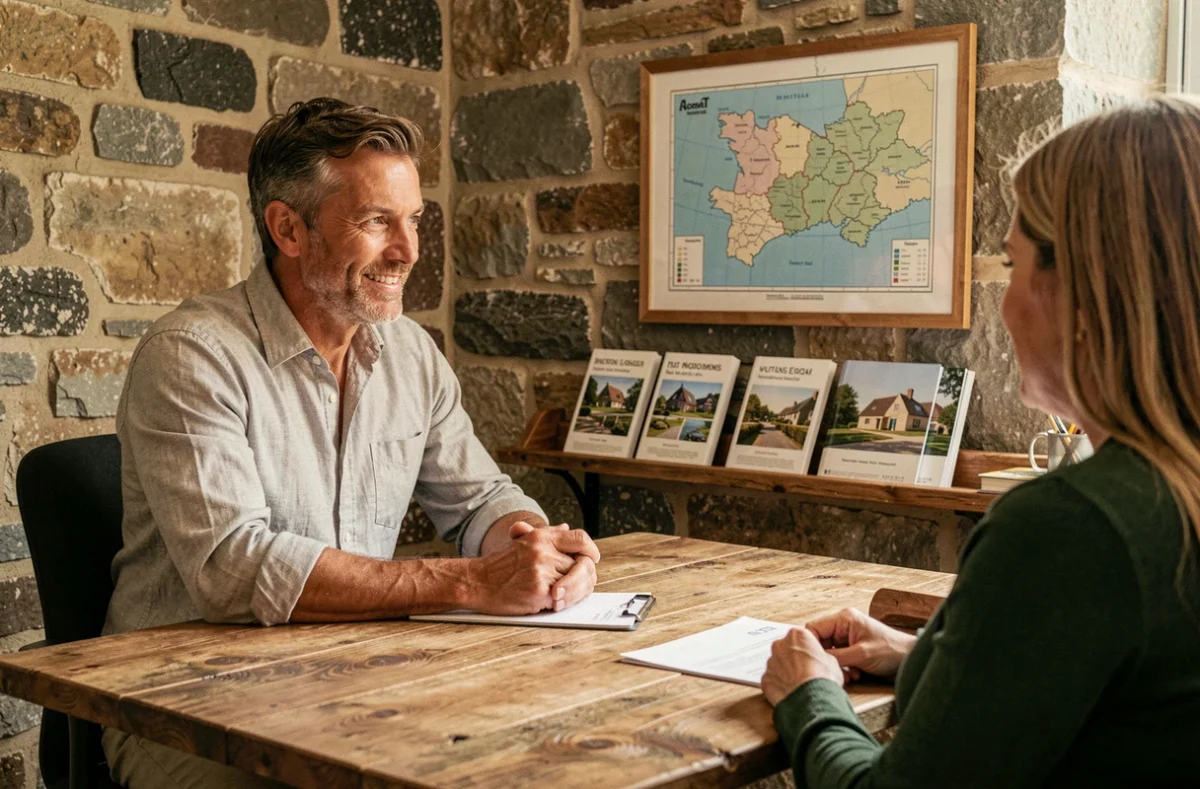 Spécialiste breton de KERA Courtage en consultation avec des clients dans un bureau au caractère régional