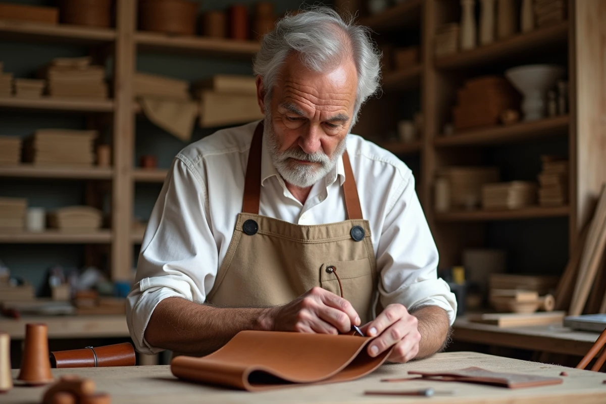 Artisan du luxe cousant à la main un accessoire en cuir durable dans un atelier traditionnel, symbolisant l'engagement de Kering envers la transition écologique
