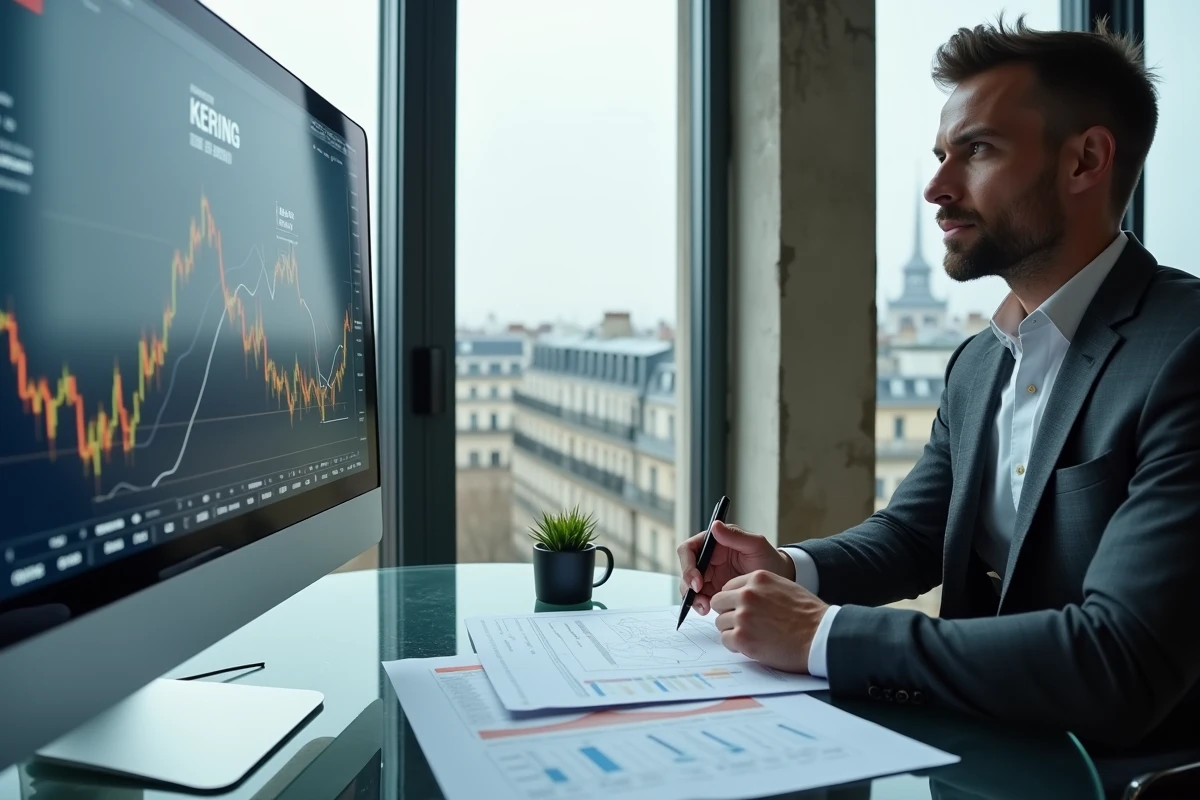 Dirigeant analysant les données boursières de Kering dans un bureau parisien moderne, illustrant la valorisation financière du luxe durable
