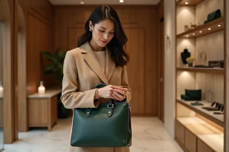 Femme élégante examinant un sac en cuir durable dans une boutique de luxe Kering, alliant artisanat haut de gamme et responsabilité environnementale