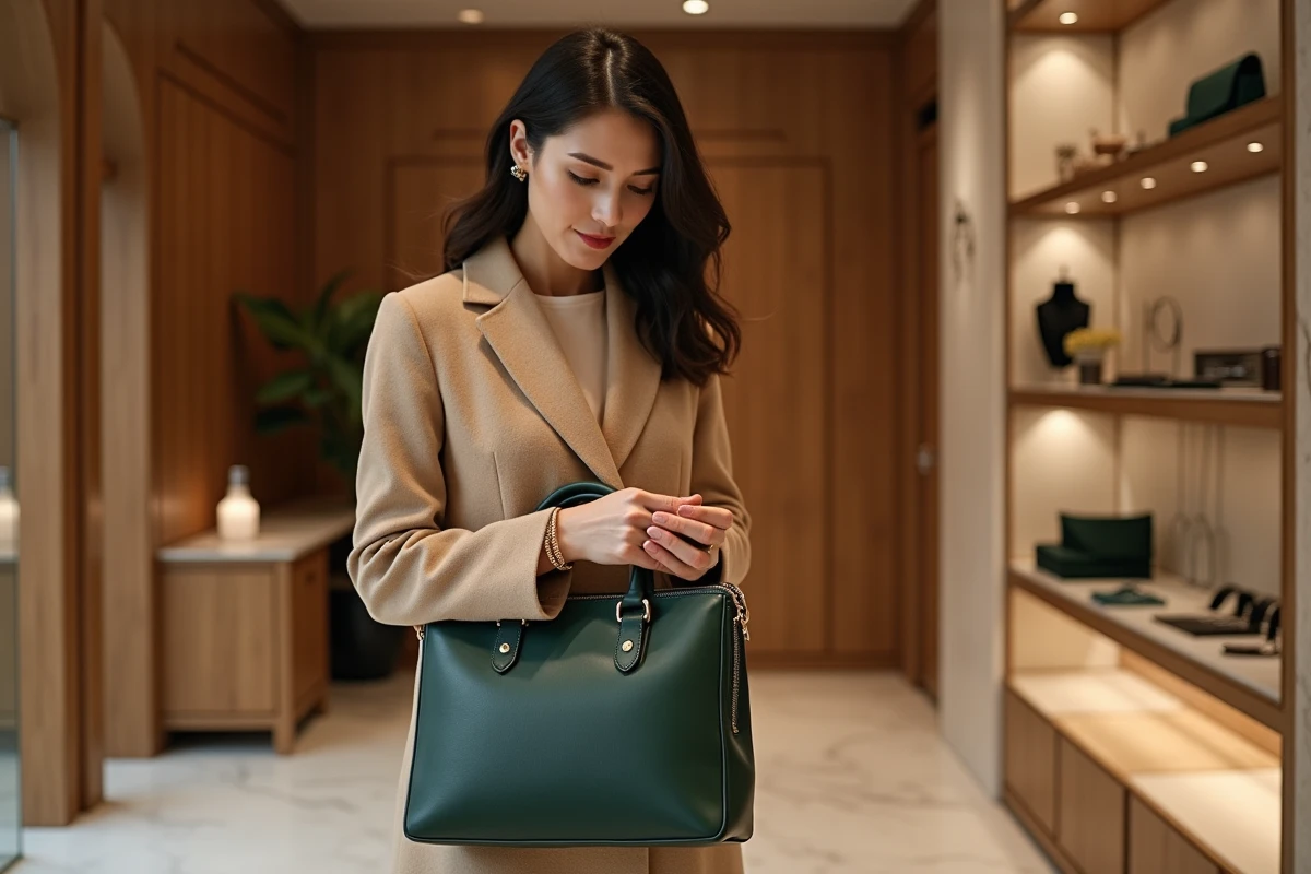 Femme élégante examinant un sac en cuir durable dans une boutique de luxe Kering, alliant artisanat haut de gamme et responsabilité environnementale