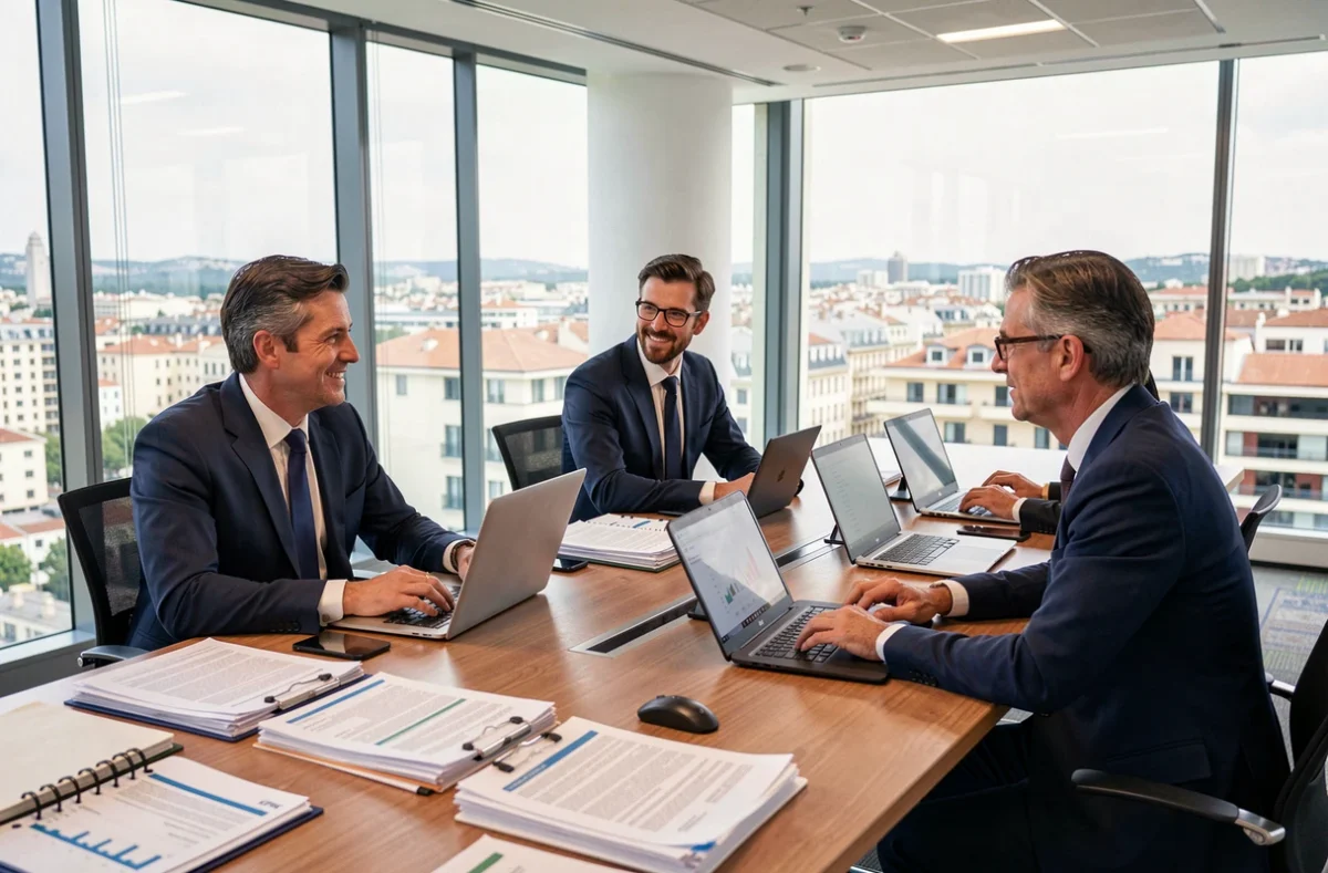Équipe d'auditeurs de KPMG Aix-Marseille en réunion de conseil aux entreprises dans un bureau moderne